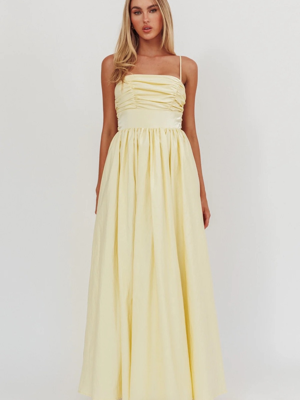 Selfie Leslie Pale Yellow Ruched Bodice Spaghetti Strap Maxi Dress